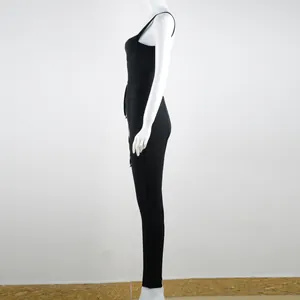 Elegant black V-neck bandage jumpsuit side view on a white mannequin for a sleek fit.