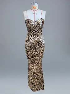Sexy leopard print maxi dress with bodycon fit and sweetheart neckline on mannequin
