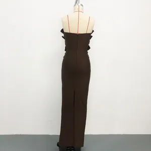 Back view of brown strapless bandage dress with side ruffles and beaded details