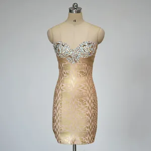 Luxury gold-stamped bandage party dress featuring a rhinestone-embellished tube top