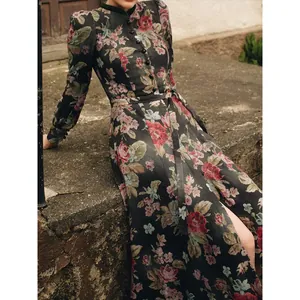 Βίντατζ Φόρεμα Dirndl Φεστιβάλ Μπύρας για Γυναίκες Μαύρο με Τριαντάφυλλα Όρθιος Γιακάς Μακρυμάνικο Μίντι Φόρεμα με Ζώνη