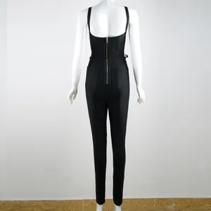 Back view of a sleek black bandage jumpsuit featuring a gold-tone rear zipper detail.