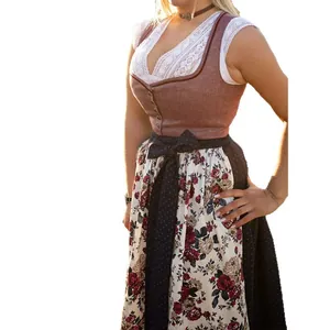 Elegante vestido Dirndl de Oktoberfest con delantal floral y blusa de encaje blanco