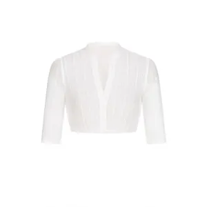 Detail view of white lace V-neck Dirndl blouse for Oktoberfest