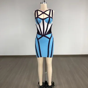 Robe bandage sexy bleu et blanc avec bretelles croisées pour femmes, dos nu