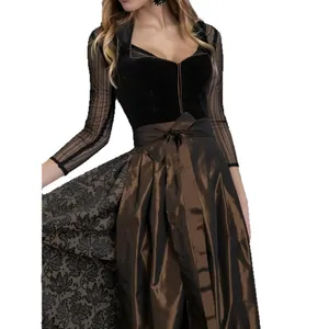 Elegante abito Dirndl tedesco nero e marrone per Oktoberfest con maniche lunghe in rete