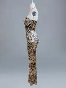 Side view of a sexy leopard print bodycon maxi dress for a slim silhouette