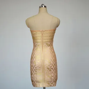 Detailed back view of a luxury gold foil bandage bodycon mini dress for party evening.