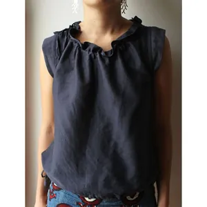 Women Casual Cotton Linen Sleeveless Top Summer Solid Color Ruffle Boat Neck Drawstring Hem Loose Tank Top Blouse