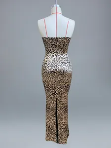 Back view of leopard print bodycon bodycon maxi dress with back slit on mannequin