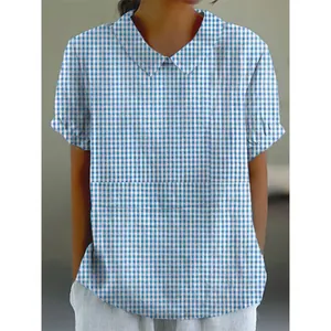 Women's Casual Cotton Linen Blouse Short Sleeve Top Patchwork Design Button Shirt Fashion Loose Breathable Top For Ladies Daily Wear