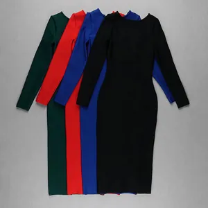 Elegant long-sleeve backless bodycon bandage maxi dresses in four vibrant colors