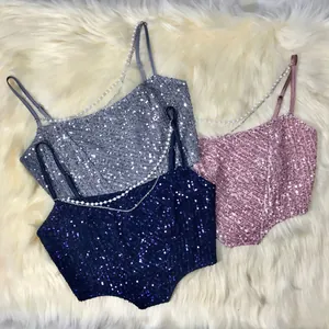 Women Sexy Slim Fit Halter Sequin Camisole Artificial Pearl Chain Strap Backless Crop Top Nightclub Party Fashion Tank Top
