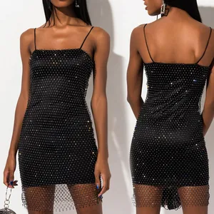 Women Sexy Backless Rhinestone Mesh Mini Dress Polyester Spaghetti Strap Party Clubwear Slim Fit Top And Bottom Bodycon Dress