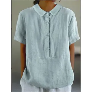 Close-up of women's mint green cotton linen top with Peter Pan collar and buttons