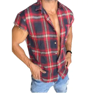Men's red and black plaid sleeveless muscle-cut shirt for casual and fitness wear