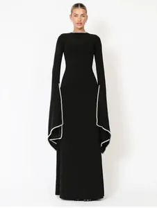 Women Elegant Black Pearl Evening Gown Slim Fit Maxi Dress With Oversized Flare Sleeves Polyester Long Prom Party Dress