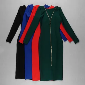 Elegant backless bodycon bandage dresses with full-length zipper in four vibrant colors