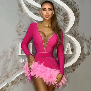 Women's Sexy V-Neck Long Sleeve Feather Bandage Dress Mesh Splicing Rhinestone Mini Bodycon Party Dress Top And Bottom
