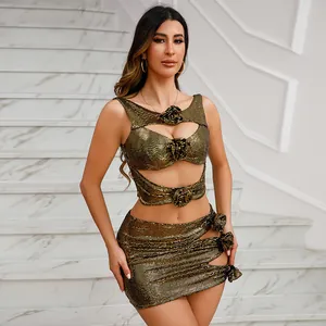 Elegant gold sequin two-piece sleeveless slim fit party set on model