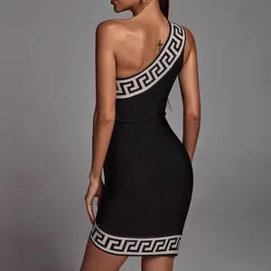 Sexy black one-shoulder bandage mini dress with Greek key pattern trim for parties