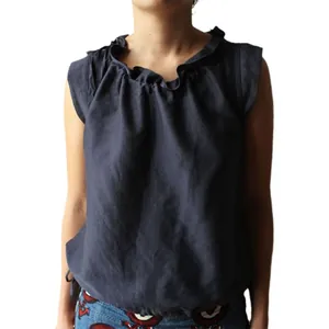 Summer casual sleeveless cotton linen blouse with ruffled neck and drawstring hem