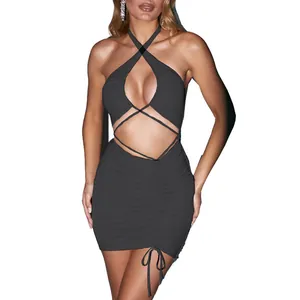 Sexy dark grey halter neck dress with criss-cross straps and ruched detailing