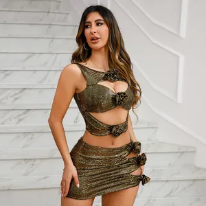 Detailed view of glamorous gold sequined two-piece sleeveless party set