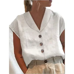 Blusa casual de algodón y lino blanco para mujer con cuello elegante y botones