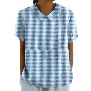 Casual blue and white gingham cotton linen short sleeve shirt for women spring style