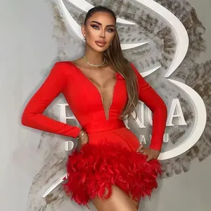 Red deep V-neck bandage mini dress with long sleeves and plush feather trim skirt