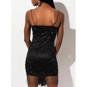 Detailed back view of a sexy black mini dress featuring sparkling rhinestone mesh