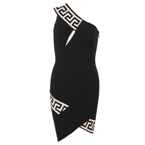 Elegant black one-shoulder bandage dress featuring a chic Greek key pattern for parties