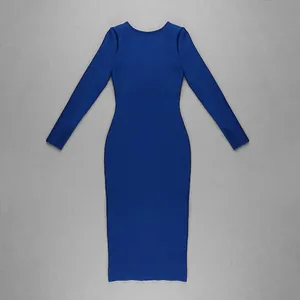 Detailed view of the bodycon fit and elastic fabric of the royal blue bandage dress.