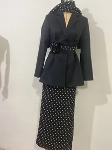 Elegant black blazer with polka dot skirt and scarf set for professional women