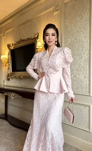 Elegant pink lace two-piece set featuring a dramatic shawl collar and intricate floral embroidery.