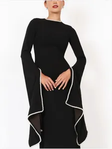 Elegant long-sleeved black evening dress with pearl trim and flared sleeves, slim fit.