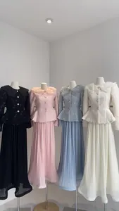 Detail view of French floral collar tweed jacket and pleated long skirt set in four colors