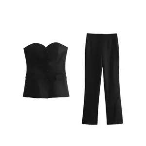 Elegant black two-piece set with strapless corset top and straight-leg trousers