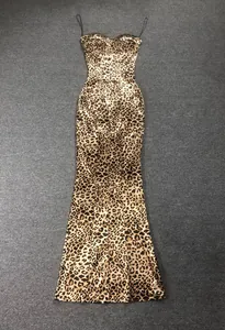 Satin leopard print maxi dress with a plunging V-neckline and slim fit silhouette