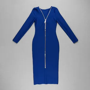 Front view detail of a royal blue bodycon bandage dress with full gold zipper