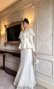 Elegant white lace two-piece set with large shawl collar and floral embroidery