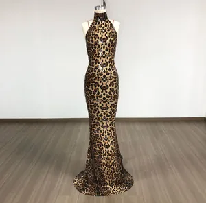 Sexy halter neck leopard print sequin bodycon backless evening gown for women