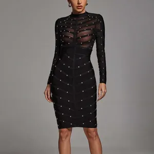 Women Sexy Sheer Mesh Studded Bandage Dress Long Sleeve Bodycon Party Club Midi Dress Polyester Spandex Evening Gown