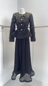 Elegant French style black tweed jacket with floral collar and pleated maxi skirt set