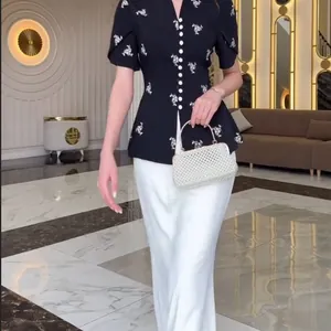 Elegant floral print short sleeve top and white maxi skirt two-piece summer set
