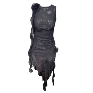 Women Sexy Mesh Dress Irregular Slim Fit Hip Wrapping Sleeveless Polyester Dress With Flower Decoration Party Banquet Nightwear