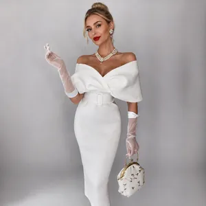 Women Off Shoulder Bodycon Mini Dress Scuba Fabric Elegant High Waist Dress With Belt For Banquet Evening Party