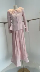 French style pink tweed jacket with floral lace collar and matching pleated maxi skirt