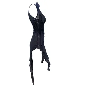 Detailed side view of a sexy black mesh sleeveless dress featuring irregular ruffled hem